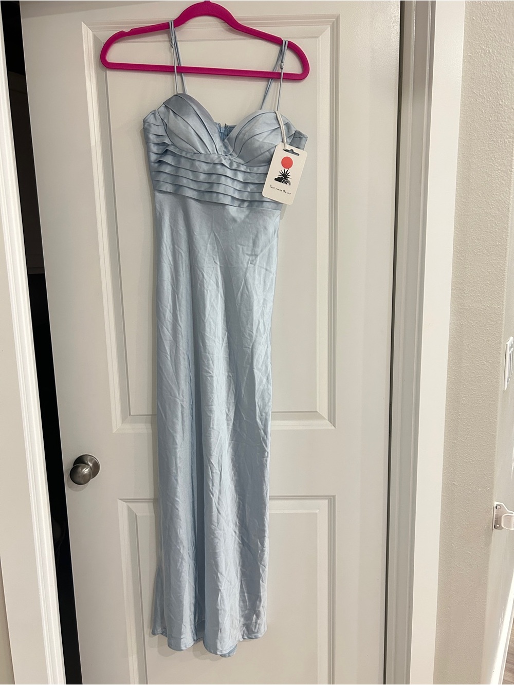Selfie Leslie Light Blue Satin Spaghetti Strap Evening Dress